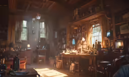 the light shines in through a set of windows, and onto an old wood - frame library