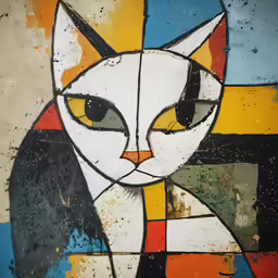 cat with abstractal background painted in the technique of cubism