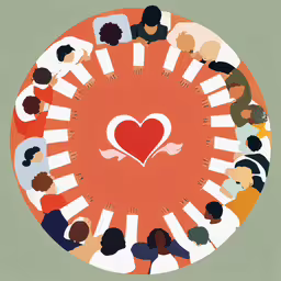 a large circle of people and a heart,the image of a heart surrounded by many different people