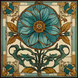 a painting on the wall has a blue flower in it,blue glass flower in front of a tiled wall