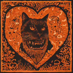 an orange, black and red artwork depicting a black cat with a heart in the middle