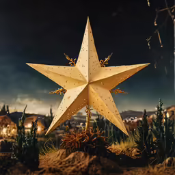 a large gold star placed in front of a cactus