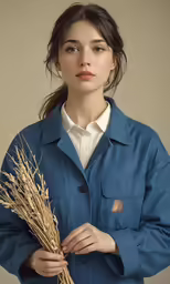 a woman in a blue jacket holding a bunch of dry wheat