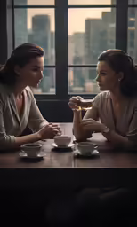 two women sitting at a table with cups in each hand