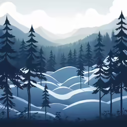 blue landscape with evergreen trees on both sides