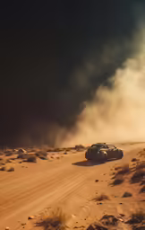 a sports car driving in the desert on a dirt road