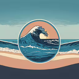 an ocean view with waves and sunset in the background,a drawing of an ocean with waves and sun