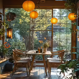 a table that has some chairs around it