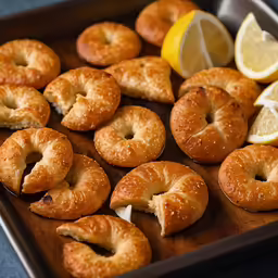 fresh bagels are arranged on a pan with lemon wedges