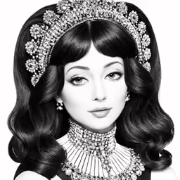 a black and white photo of a woman wearing an elaborate crown