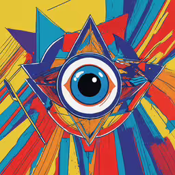 a psychedelic image with an eye in the middle,an eye on a yellow and red background