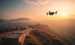 the large flying propeller airplane is taking off from the field
