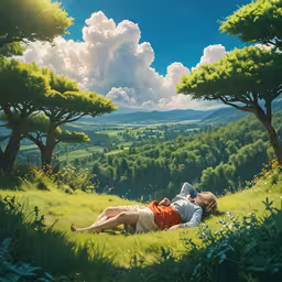 a painting of two people laying in the grass,a woman laying in the grass on top of a lush green field