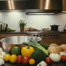 a metal bowl filled with fresh fruits and vegetables