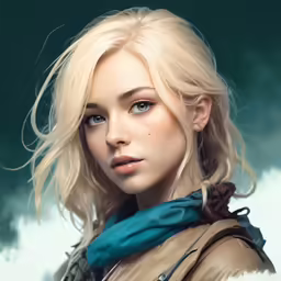 a close up of a young blonde woman with blue eyes