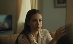 a woman sitting on a couch looking into the camera