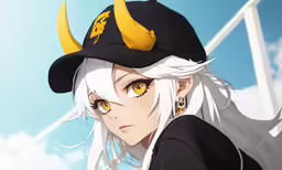 anime character with white hair wearing a black hat and horns