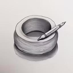 pencil drawing of a spool and wire with two circles