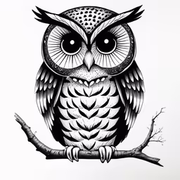 a black and white owl sitting on top of a branch