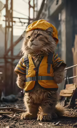 the cat is wearing a jacket, hat and overalls