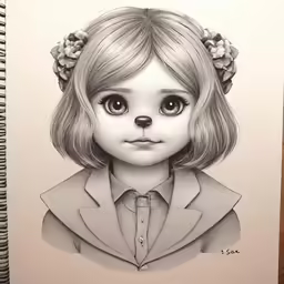 a drawing of a little girl in front of a spiral notebook