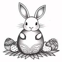 an illustration of a bunny with eggs,a bunny rabbit surrounded by colorful eggs in front of an egg - laying on its back
