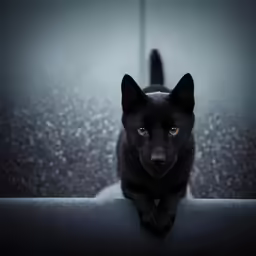 black dog sitting on bench in the dark