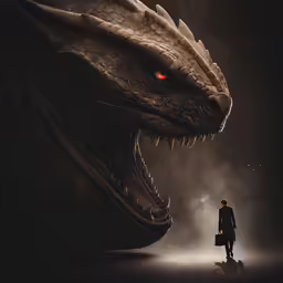 the man standing next to a giant godzilla