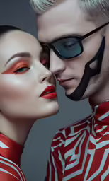 the man and woman are wearing eye shades and red lipstick