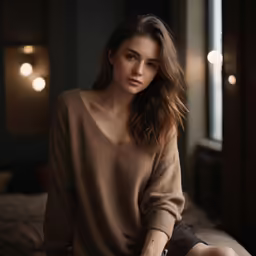 a woman in a tan sweater and black shorts is posing