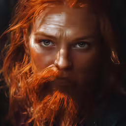 a close up of a woman with a red beard