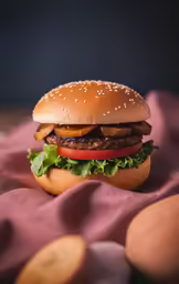 a hamburger with lettuce, tomatoes and onions