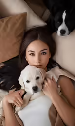 the girl with the dog is posing for the camera