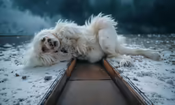 a dog laying down in the snow with its head on the ground