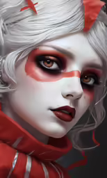 the girl is dressed in white with black eyes and blood and makeup