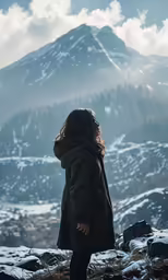 a woman is looking at a snowy mountain