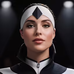 a woman in a futuristic outfit on a runway