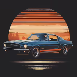 an old mustang muscle car is featured against a sunset backdrop