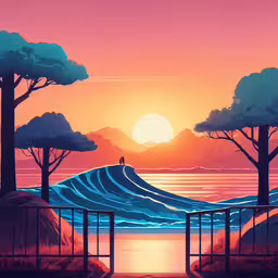 a man is standing on a wave by the ocean at sunset,a person standing on a pier as the sun sets
