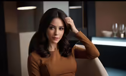 a woman sitting at a table in a brown shirt