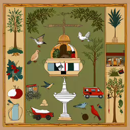 an art work featuring a large bird and various objects,a tapestry with various objects and bird designs