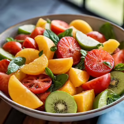 a bowl of sliced fruits sitting on a table
