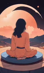 a girl sitting on a chair with the moon setting in the background,the girl is sitting in front of a large moon