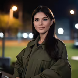 a woman is standing outside at night