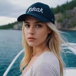 a woman with a blue hat poses on a boat