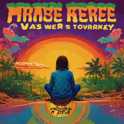 the man sits on a river side with a poster in the background,a woman sitting on a poster in front of a sunset