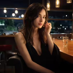 a pretty young lady sitting at a bar talking on a cell phone