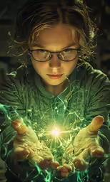 the girl is holding her hands up to light up the space in front of her