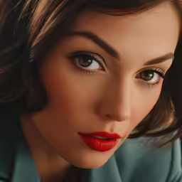 a woman with red lipstick has her eyes half open