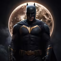 batman standing in front of the moon wearing a suit